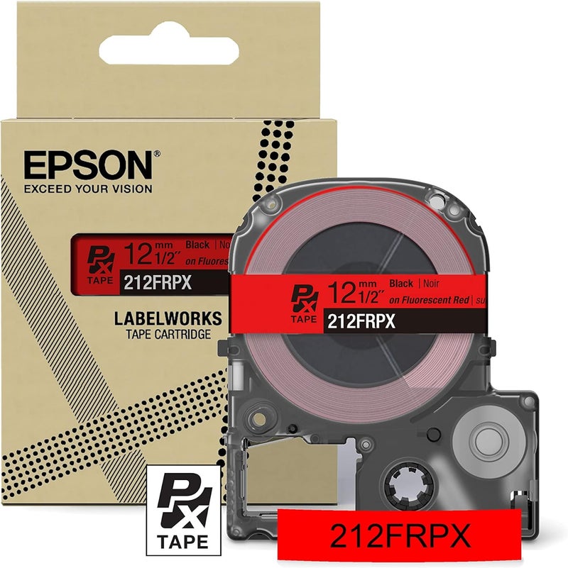 LABELWORKS Epson 212FRPX Genuine PET (Polyester) Tape Cartridge - Black on Fluorescent Red Designer Craft Label Maker Tape - 1/2" (12MM) Wide, 16' - Image 1